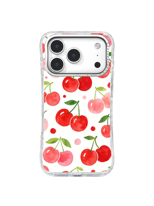 Cherry Picnic Scatter: Bright red and blush watercolor cherry pairs scatter with green stems and leaves on white.