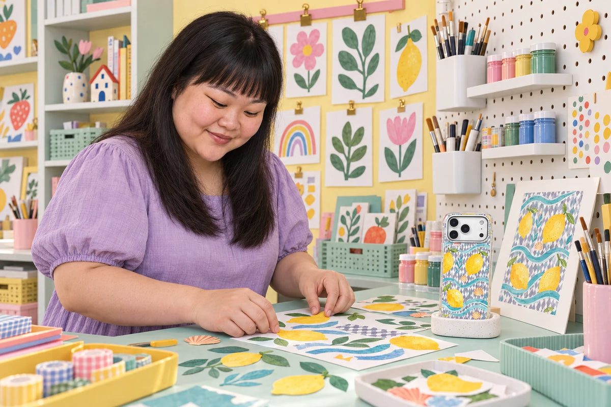 AI visualization of Pippa Berryfield creating phone-case illustrations in a distinctive studio