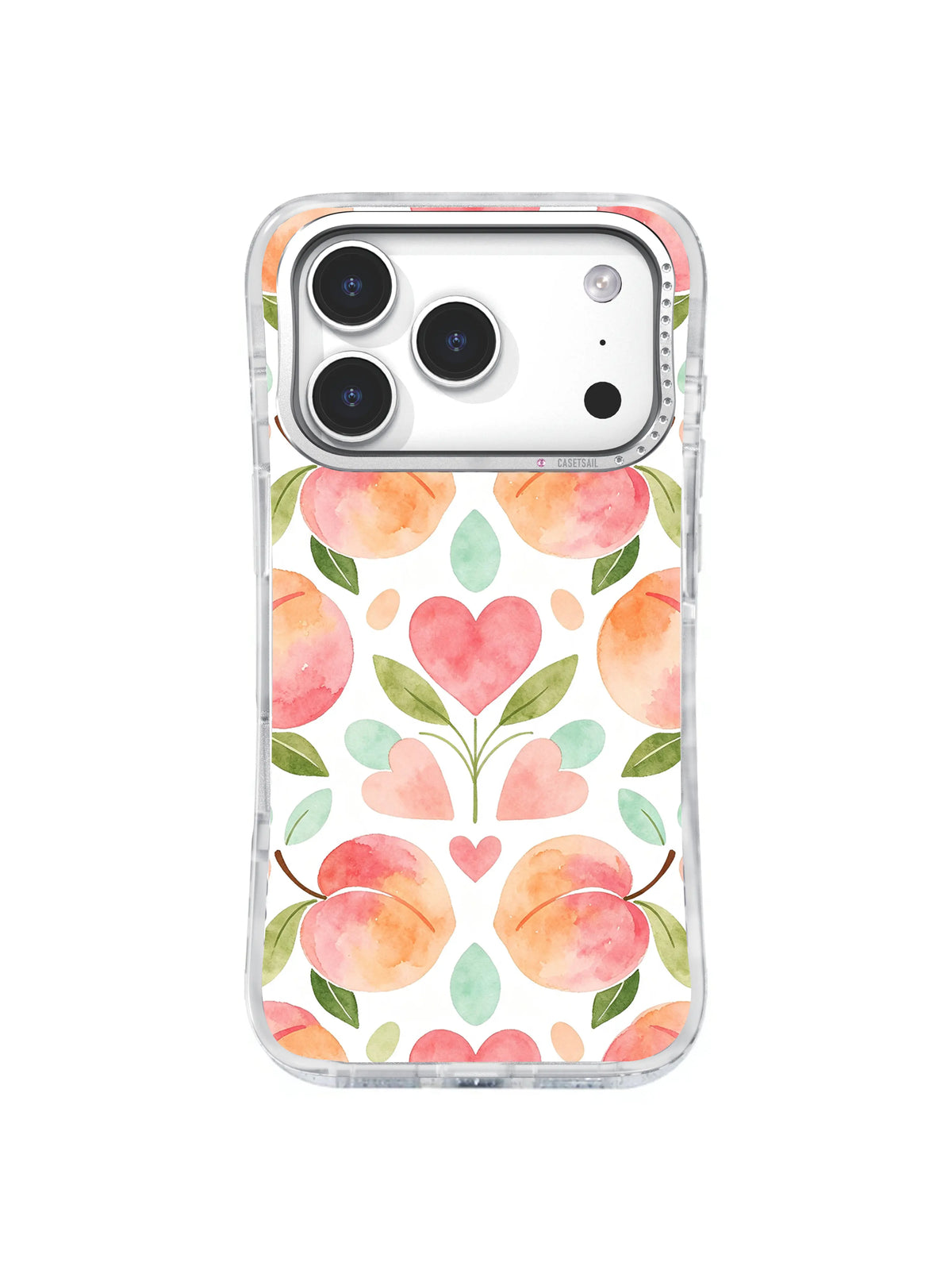 Peach Heart Folk Garden: Şeftaliler, kalp şekilleri ve yapraklı saplar aynalı halk tarzı bir bahçe deseni oluşturur.