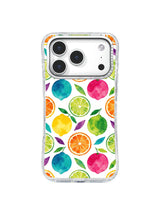 Colorful Citrus Grove: Watercolor lemons, oranges, limes and jewel-toned fruit repeat with green leaves on white.