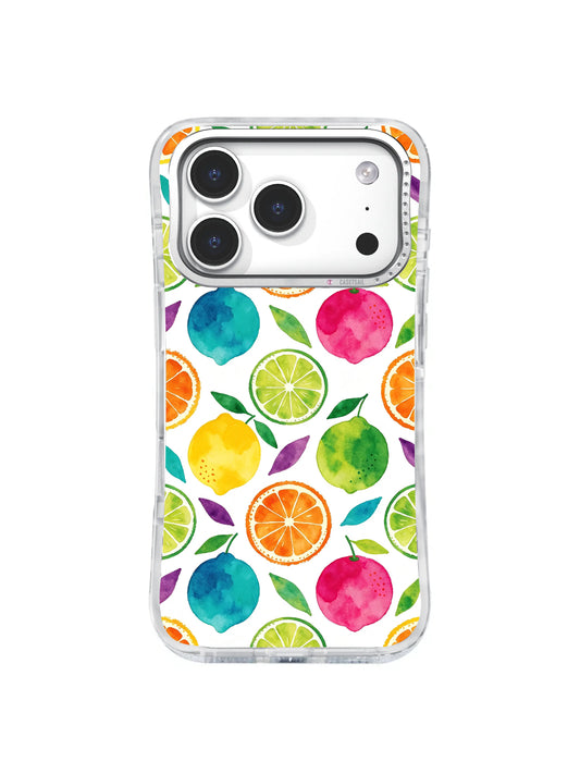 Colorful Citrus Grove: Watercolor lemons, oranges, limes and jewel-toned fruit repeat with green leaves on white.