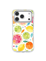Citrus Confetti: Lemon, lime, orange and grapefruit slices scatter among whole fruit and colorful dots.