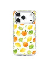 Little Citrus Orchard: Small watercolor lemons, oranges and limes form a light orchard pattern on white.