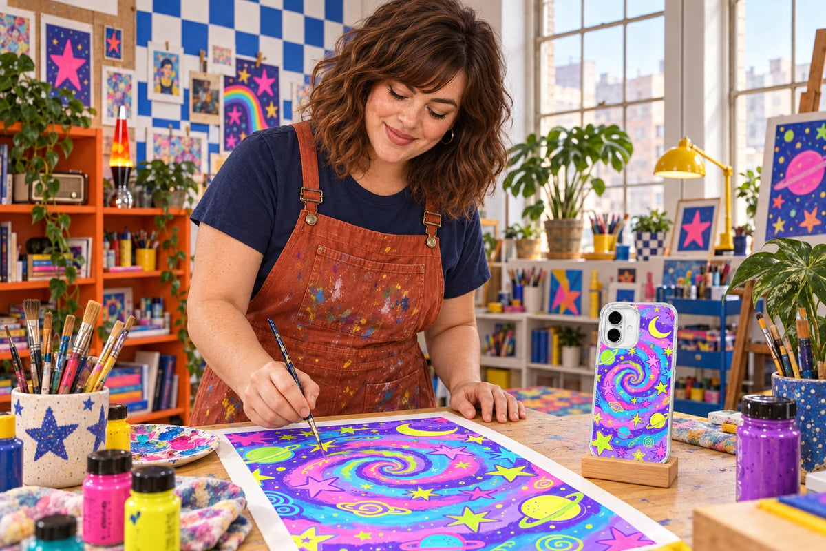 AI visualization of Pippa Starwell creating phone-case illustrations in a distinctive studio