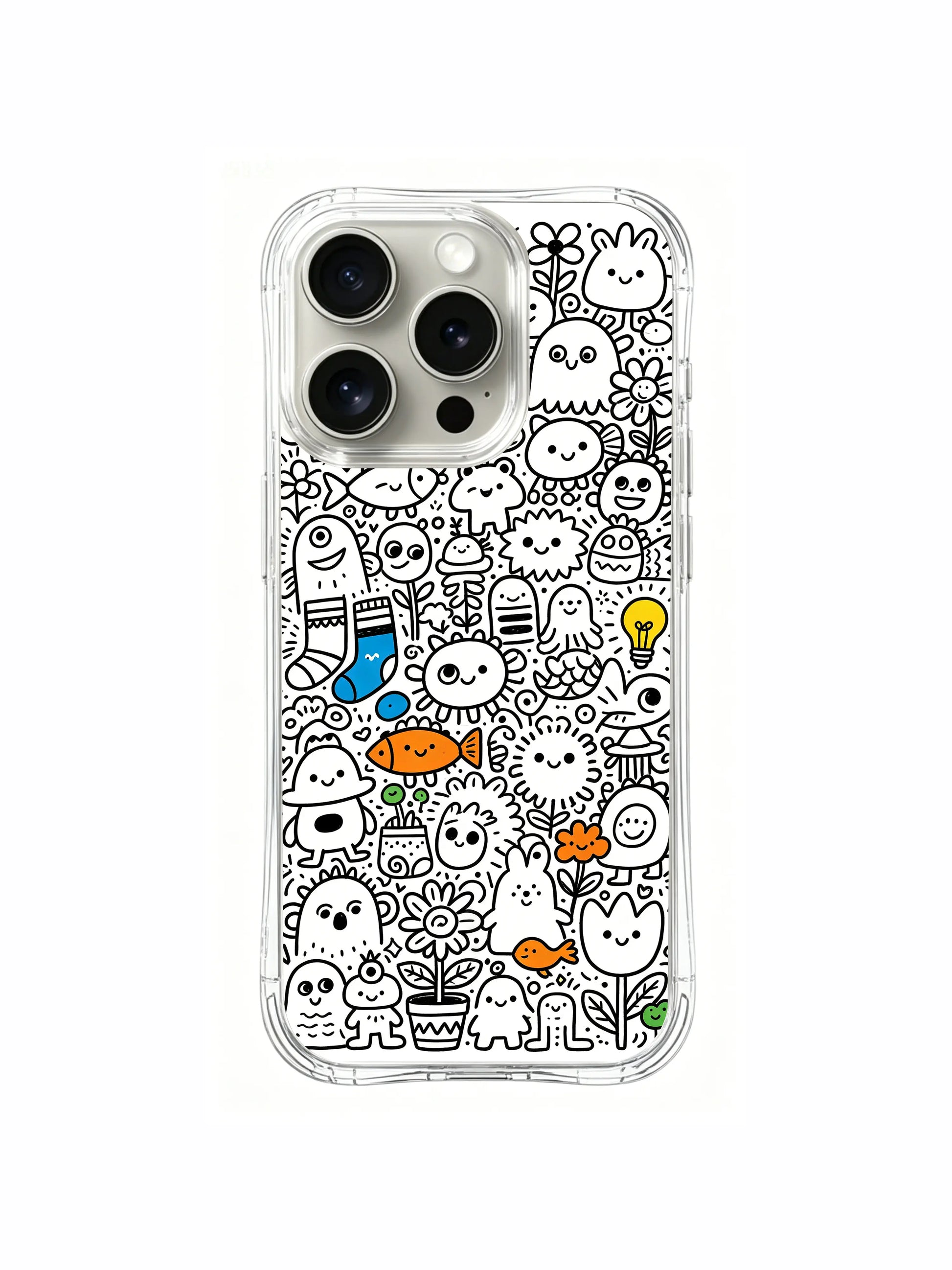 Potted plant, fish and ghost cute creature art iPhone 16 pro Case, custom printable phone casing offered by PhoneCasing, trendy art phone cover ideal for birthday gifts for her.