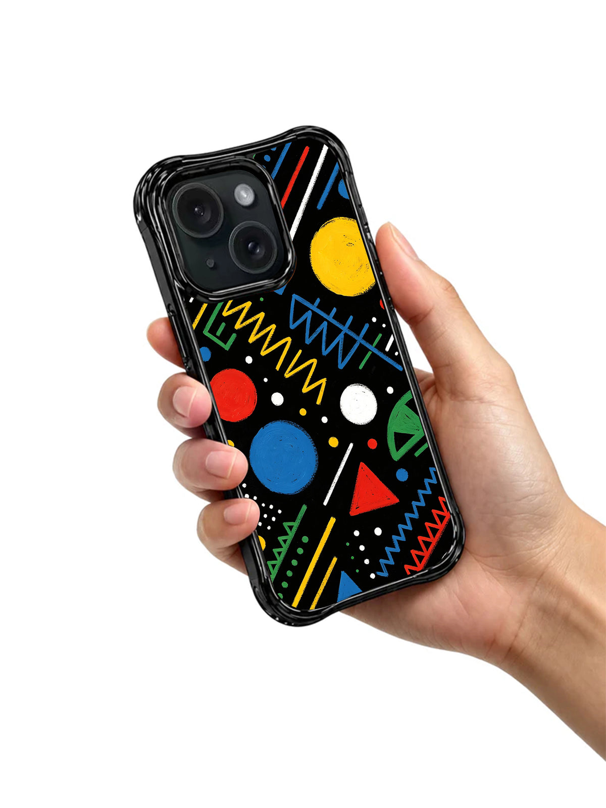 Colorful geometric art iPhone 15 Pro case held in hand