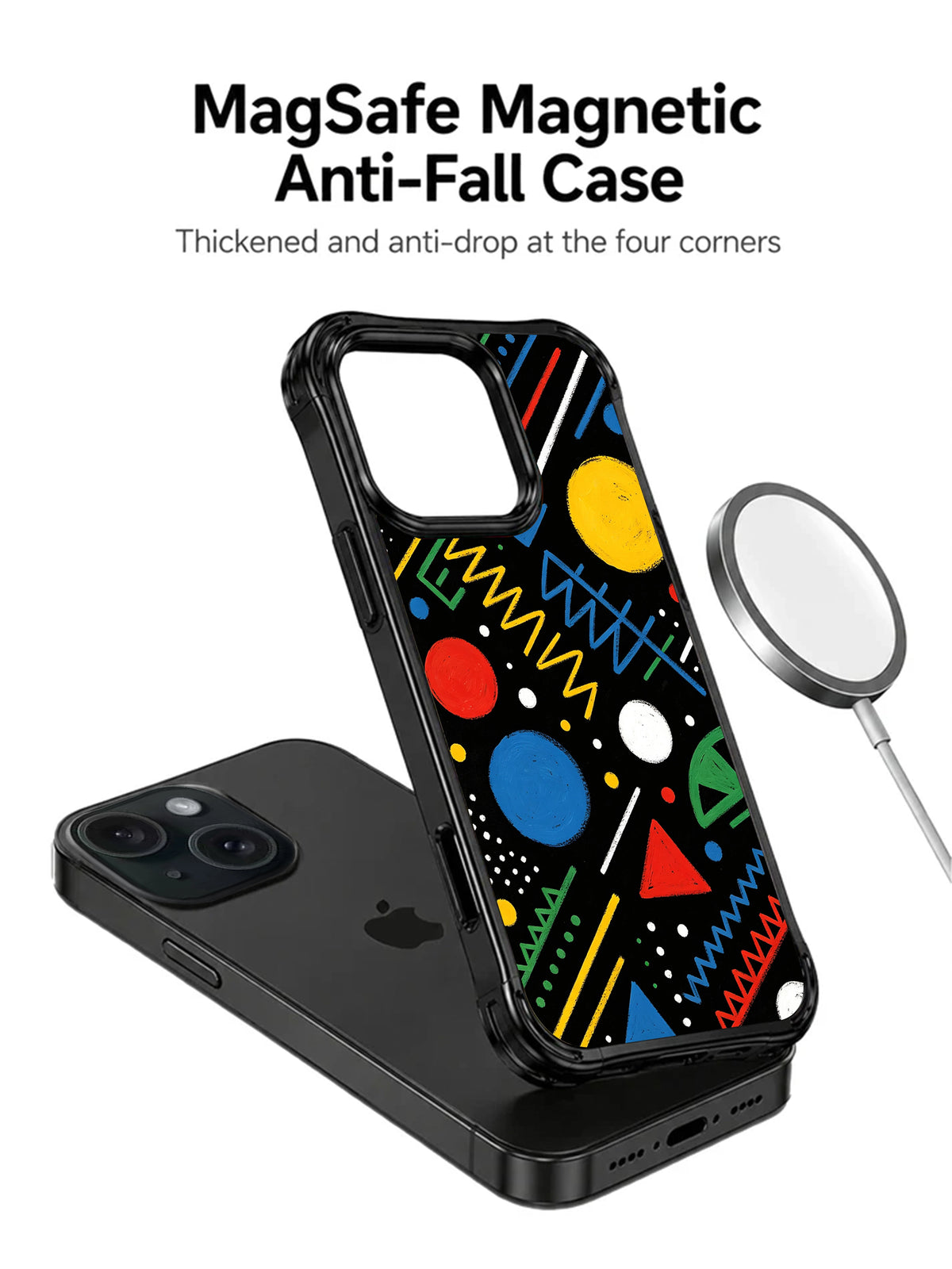Primary color geometric iPhone 15 Pro case magnetic charging view