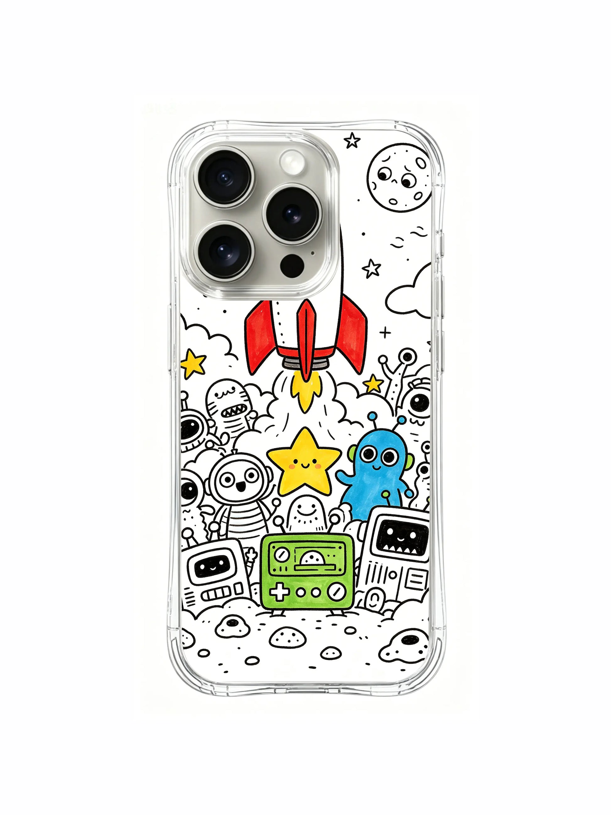Relaxed cheerful space monster crew artwork iPhone 15 pro Case, US-sourced premium phone casing, minimalist doodle art phone cover designed by PhoneCasing.