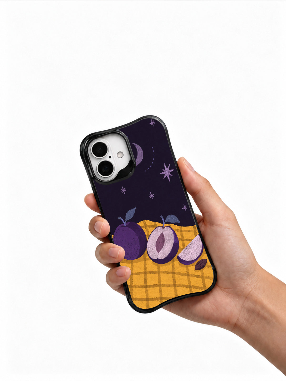 Hand holding The Plum Observatory black iPhone case