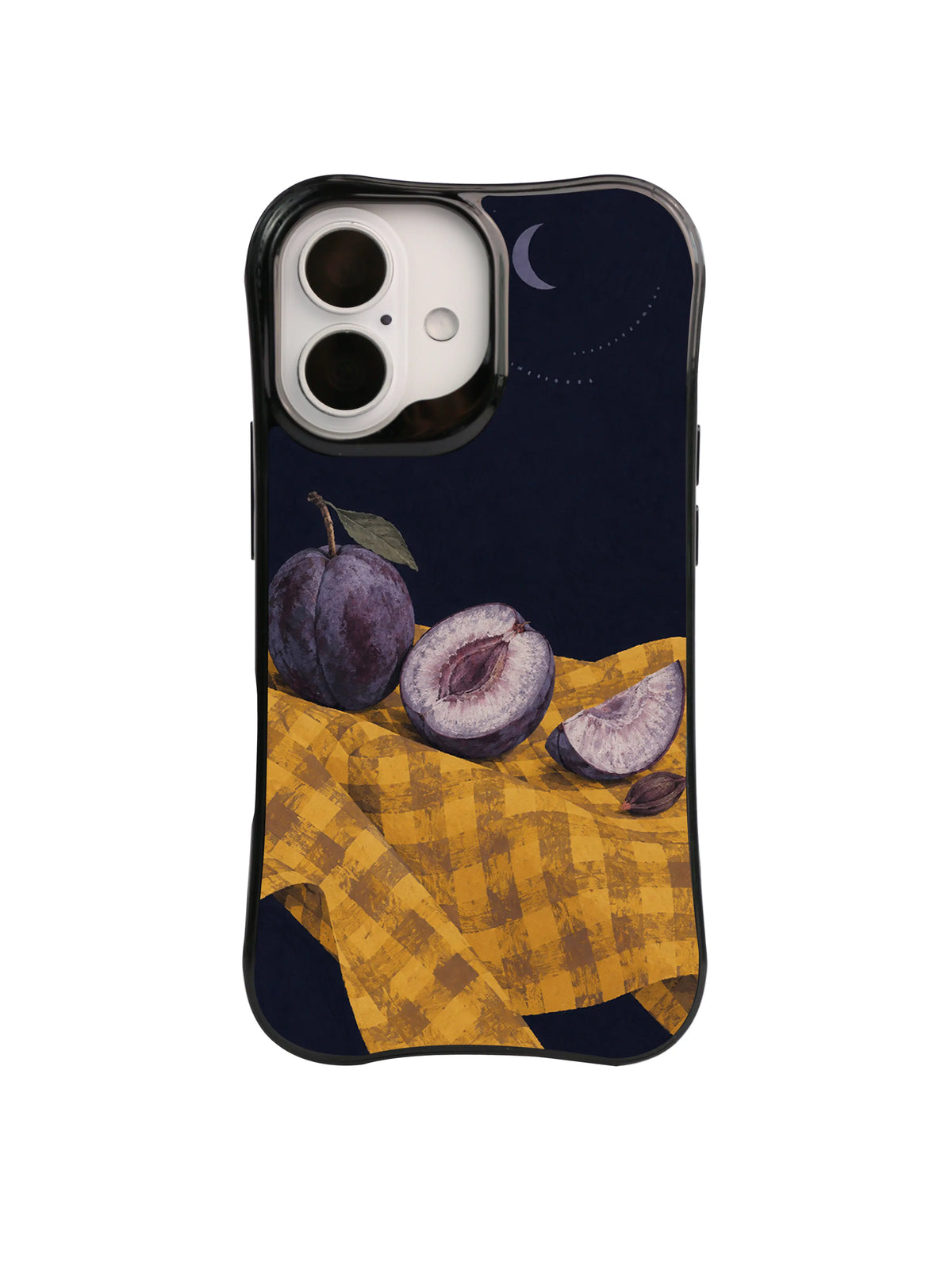 Midnight Quarter plum slices and crescent artwork on a black iPhone case