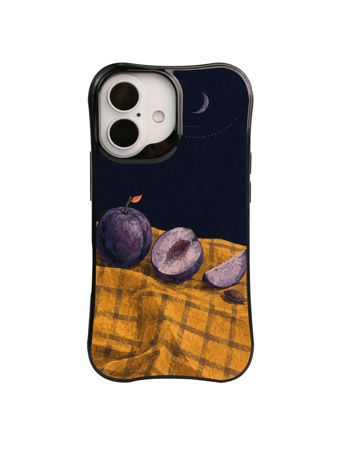 Plum Phases fruit arrangement beneath a crescent moon on a black iPhone case
