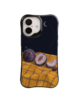 Quiet Stone plum phases and dotted orbit artwork on a black iPhone case