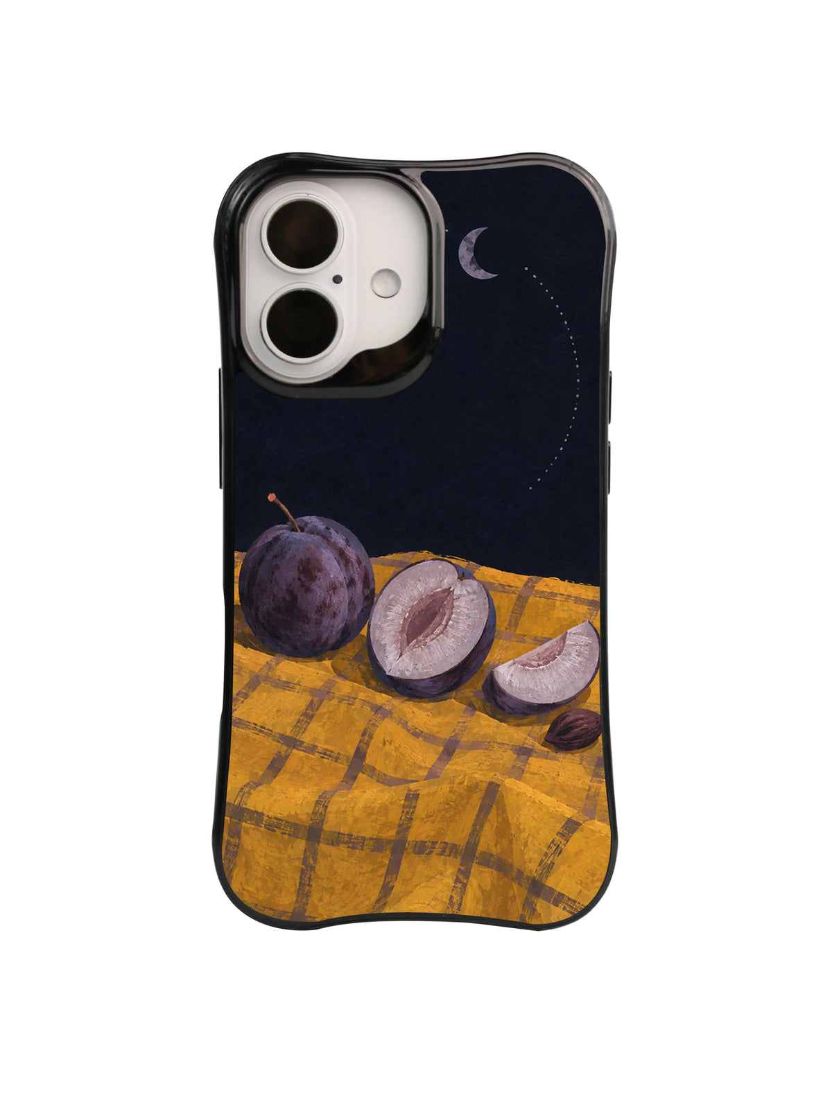 Quiet Stone plum phases and dotted orbit artwork on a black iPhone case