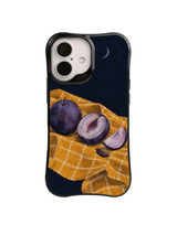 Saffron Orbit plum still life with a checked cloth on a black iPhone case