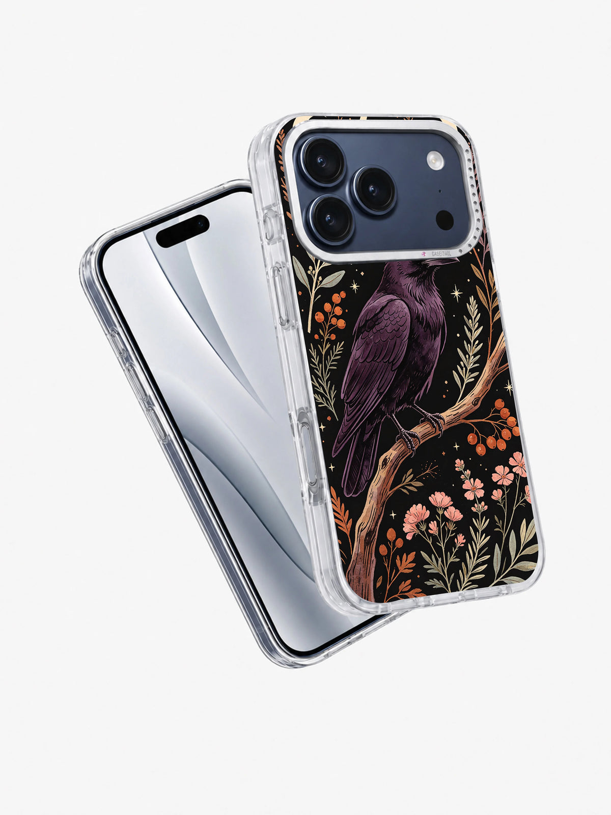 Angled view of Plum Raven Herbarium iPhone case with botanical bird artwork
