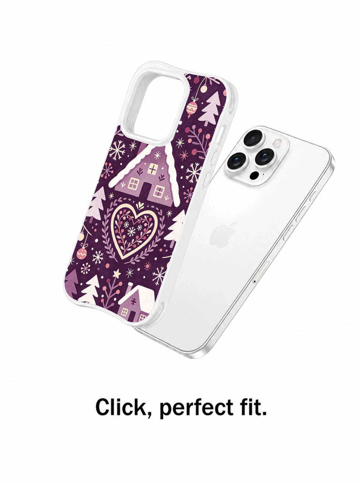 Plumberry heart chalet iPhone 13 Pro case beside phone showing white case edging