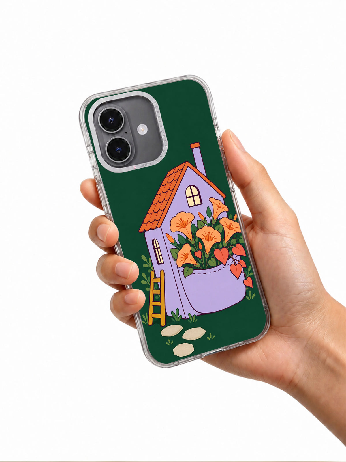 A House with a Pocket Garden iPhone 17 case shown naturally in hand