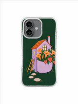Small lavender house, mustard ladder, pale stepping stones and pocket flowers