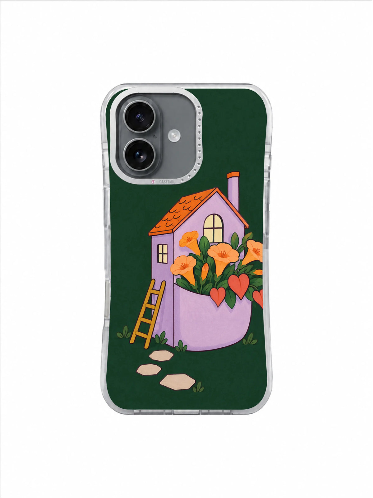Small lavender house, mustard ladder, pale stepping stones and pocket flowers
