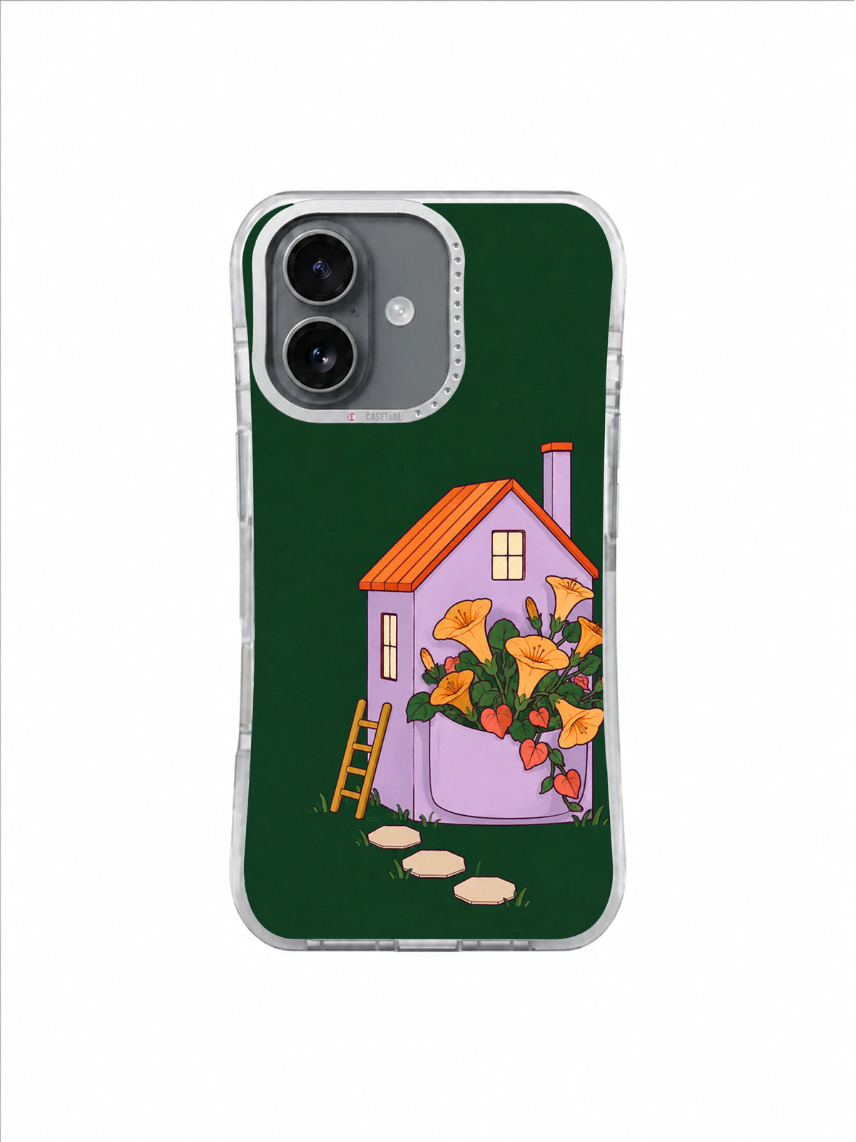 Lavender house with orange roof and overflowing pocket garden on green