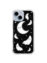 Crescent Guardian Drift black and white moon ghost artwork on iPhone 15 Plus case