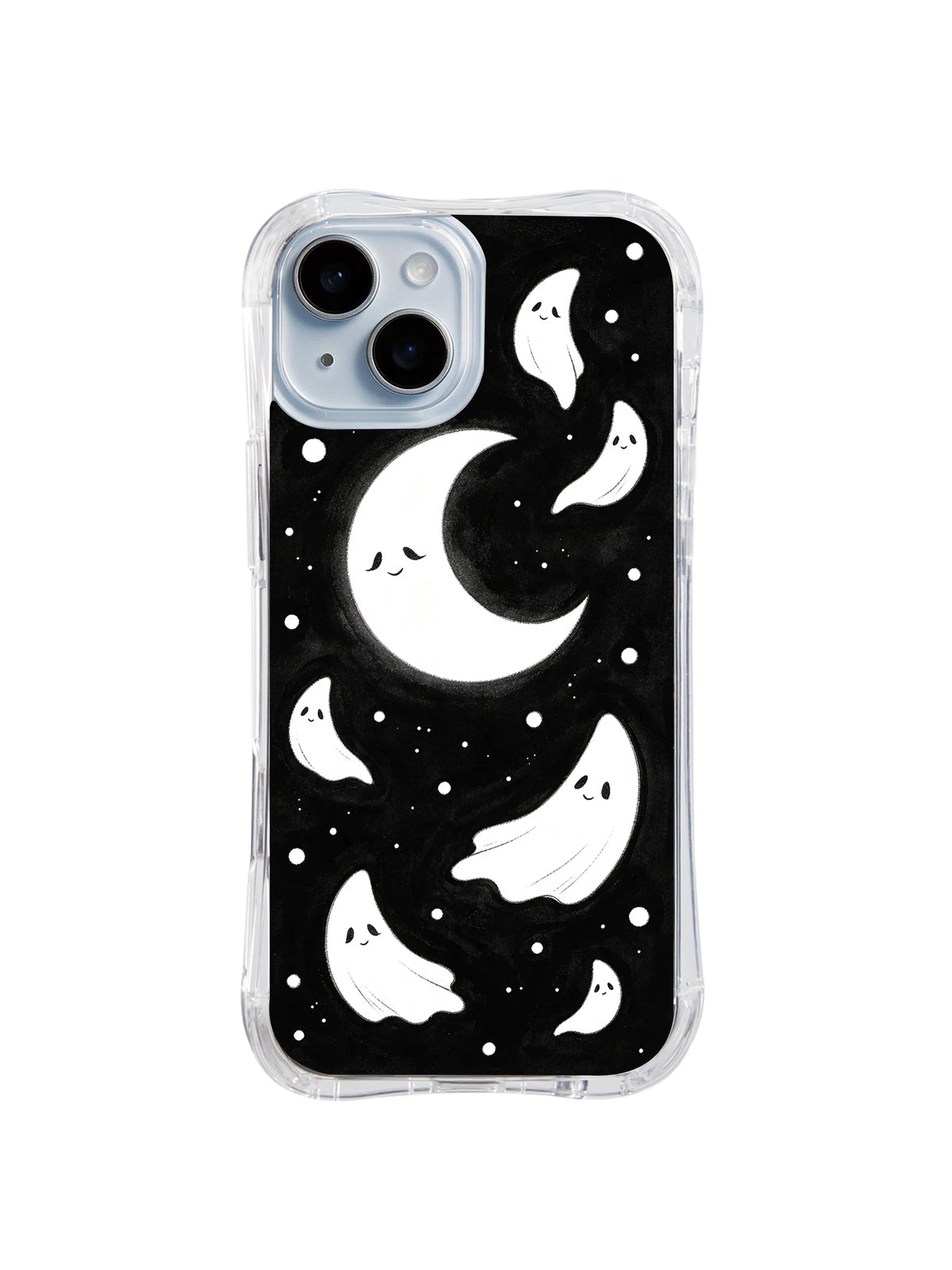 Crescent Guardian Drift black and white moon ghost artwork on iPhone 15 Plus case