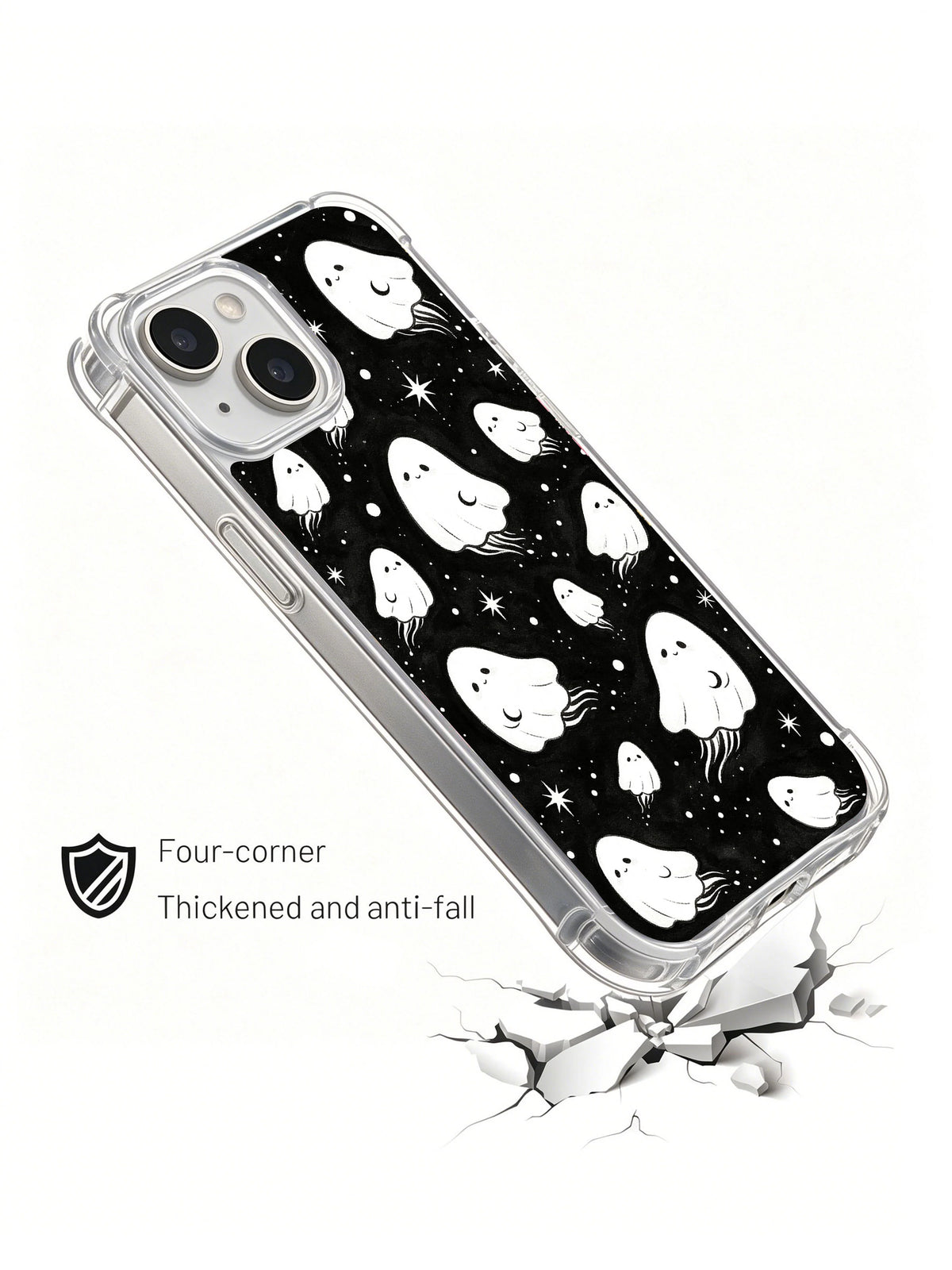 Celestial ghost iPhone 15 Plus case angled construction view