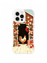 Rooster iPhone 15 Pro case with poinsettias, stocking, gifts and a farmhouse doorway