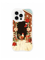 Farmhouse Christmas iPhone 15 Pro case with red poinsettias, rooster and wrapped gifts