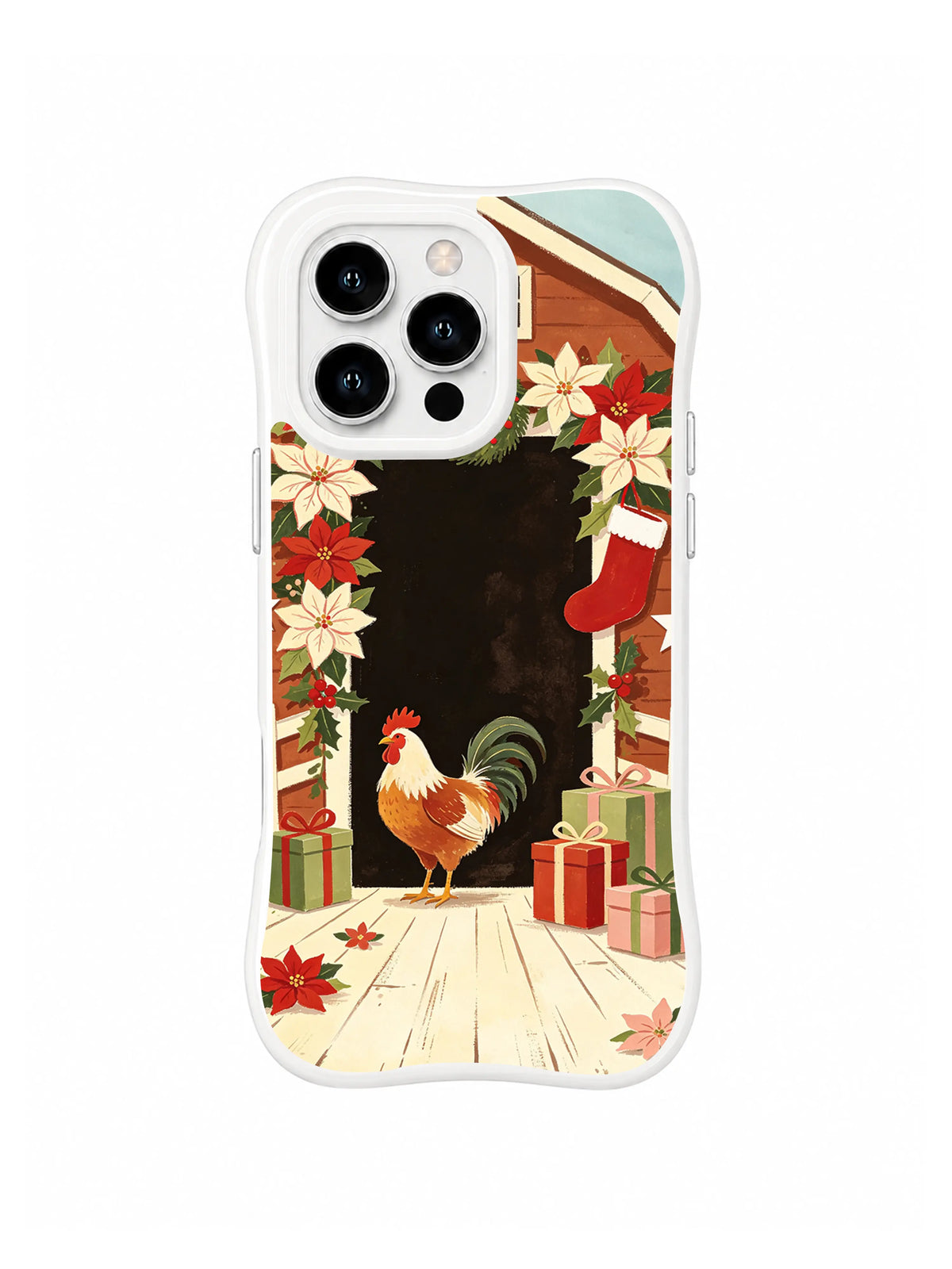 Cottagecore iPhone 15 Pro case with cream poinsettias, paper star and rooster