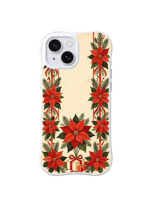 Cream iPhone 15 case with vertical red poinsettia and evergreen columns, pattern one