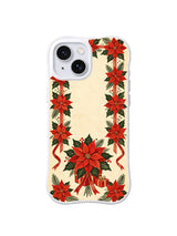 Red poinsettia columns, ribbons and small gifts on cream iPhone 15 case, pattern two
