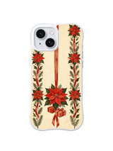 Long dusty-red ribbon between poinsettia columns on cream iPhone 15 case, pattern four