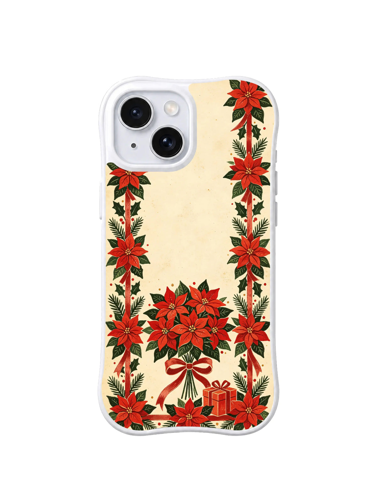 Large lower poinsettia bouquet framed by flower columns on iPhone 15 case, pattern five