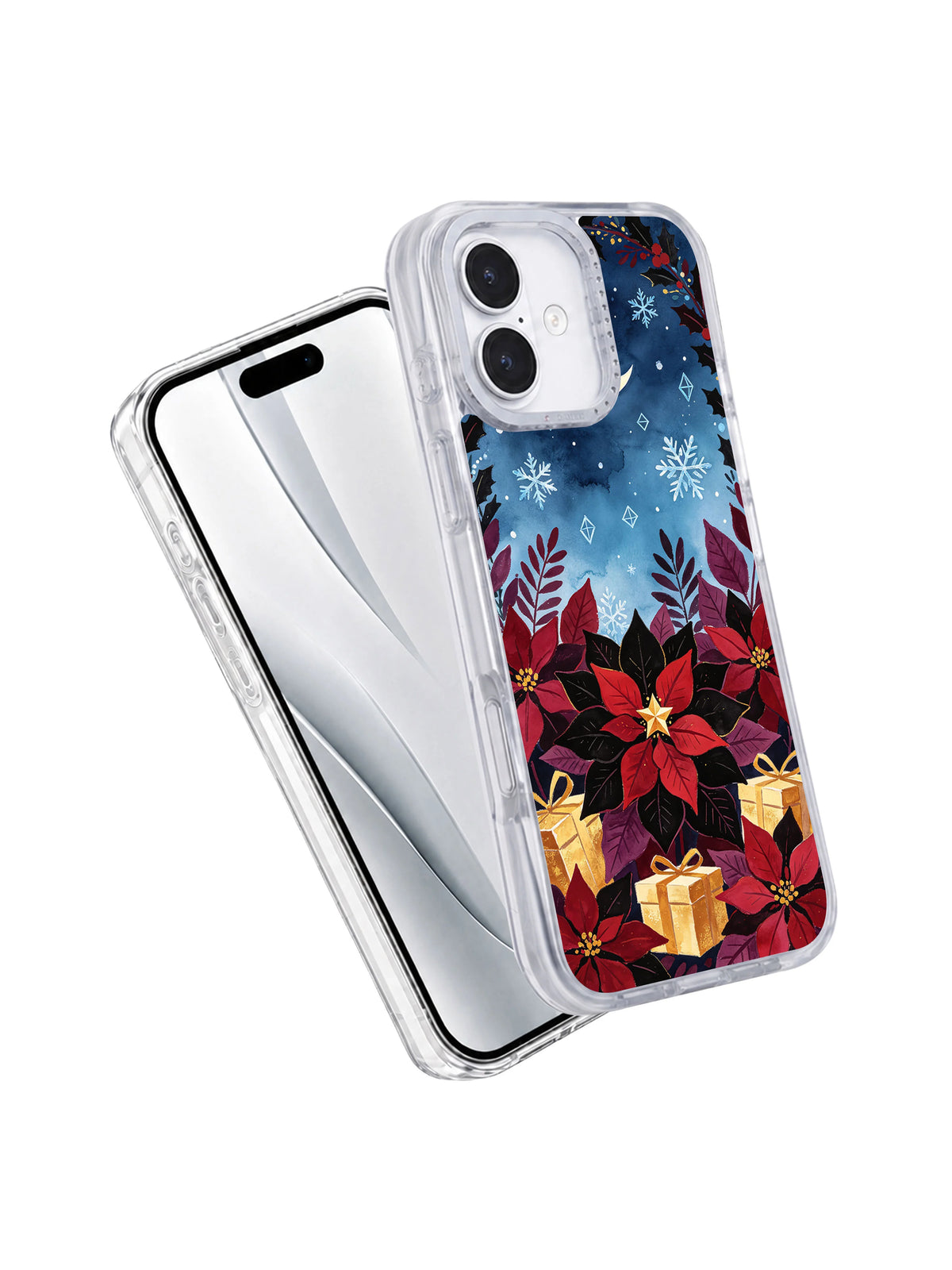 Angled view of Poinsettias Beneath the Moon iPhone 17 case