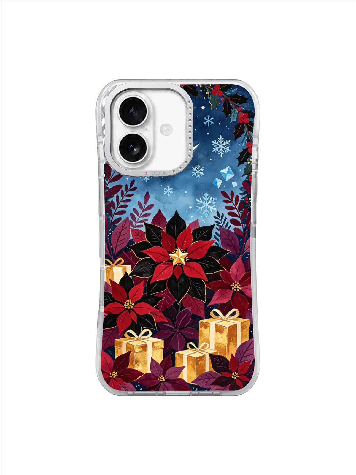 Snowfall Floral Stage artwork on a clear iPhone 17 case