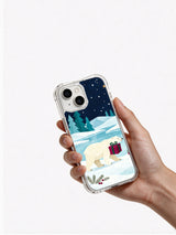 Hand holding the polar bear Christmas parcel iPhone 14 case