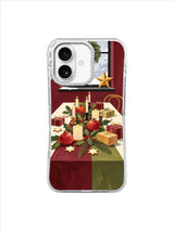 Burgundy table runner, empty chair, pomegranates, candles, and gifts on an iPhone 17 case