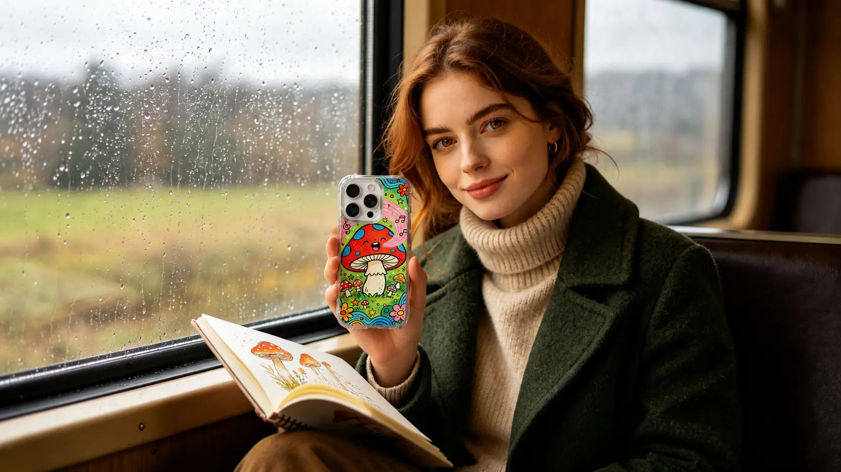 Close-up shot of the Psychedelic Mushroom Wonderland artistic phone case for iPhone 16 Pro Max showing thick black doodle contours and premium oil pastel grain texture.