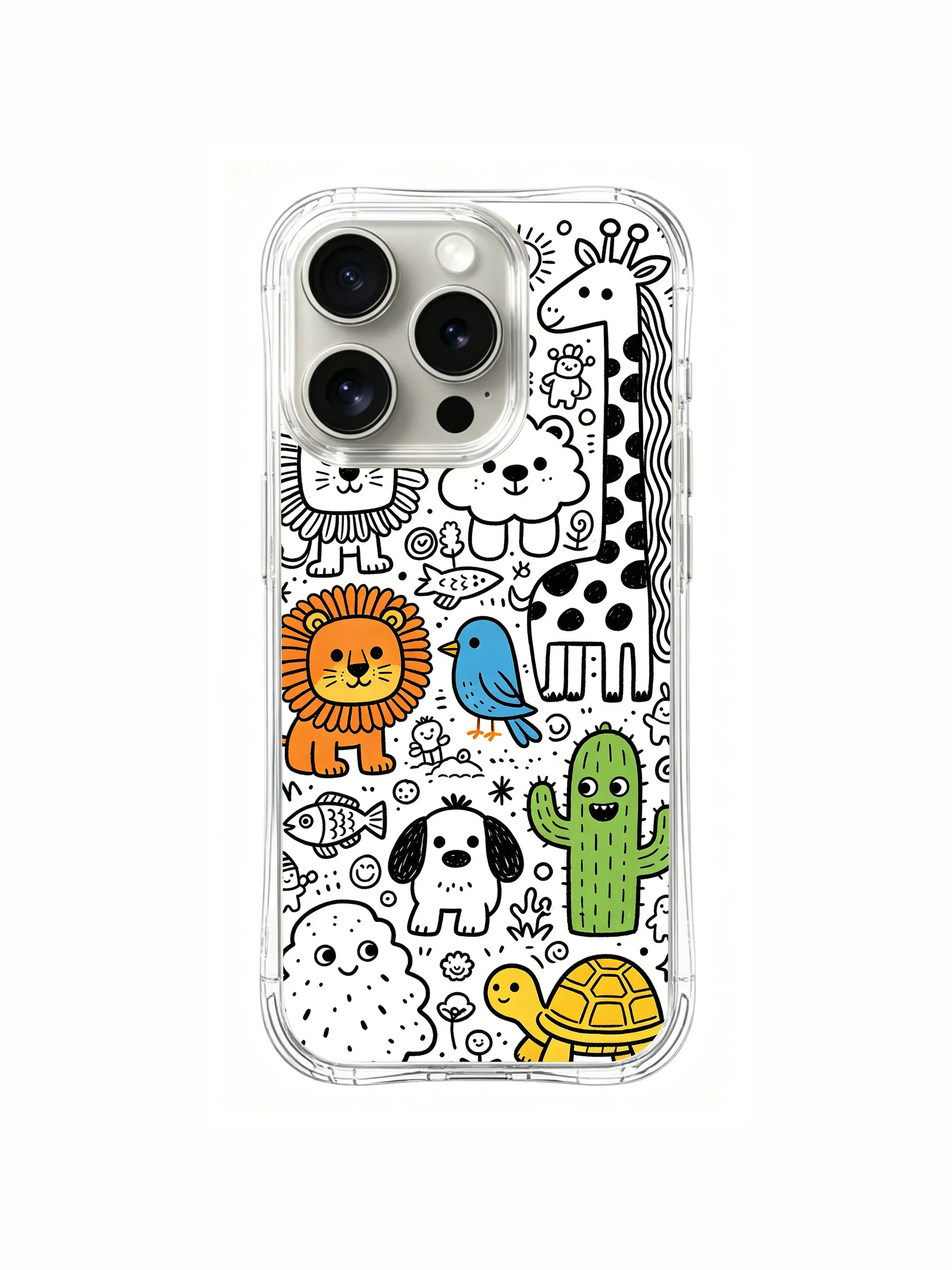 Soft pop accent color monster zoo doodle iPhone 15 pro Case, limited-run fine art phone casing, whimsical-themed phone cover available via PhoneCasing.