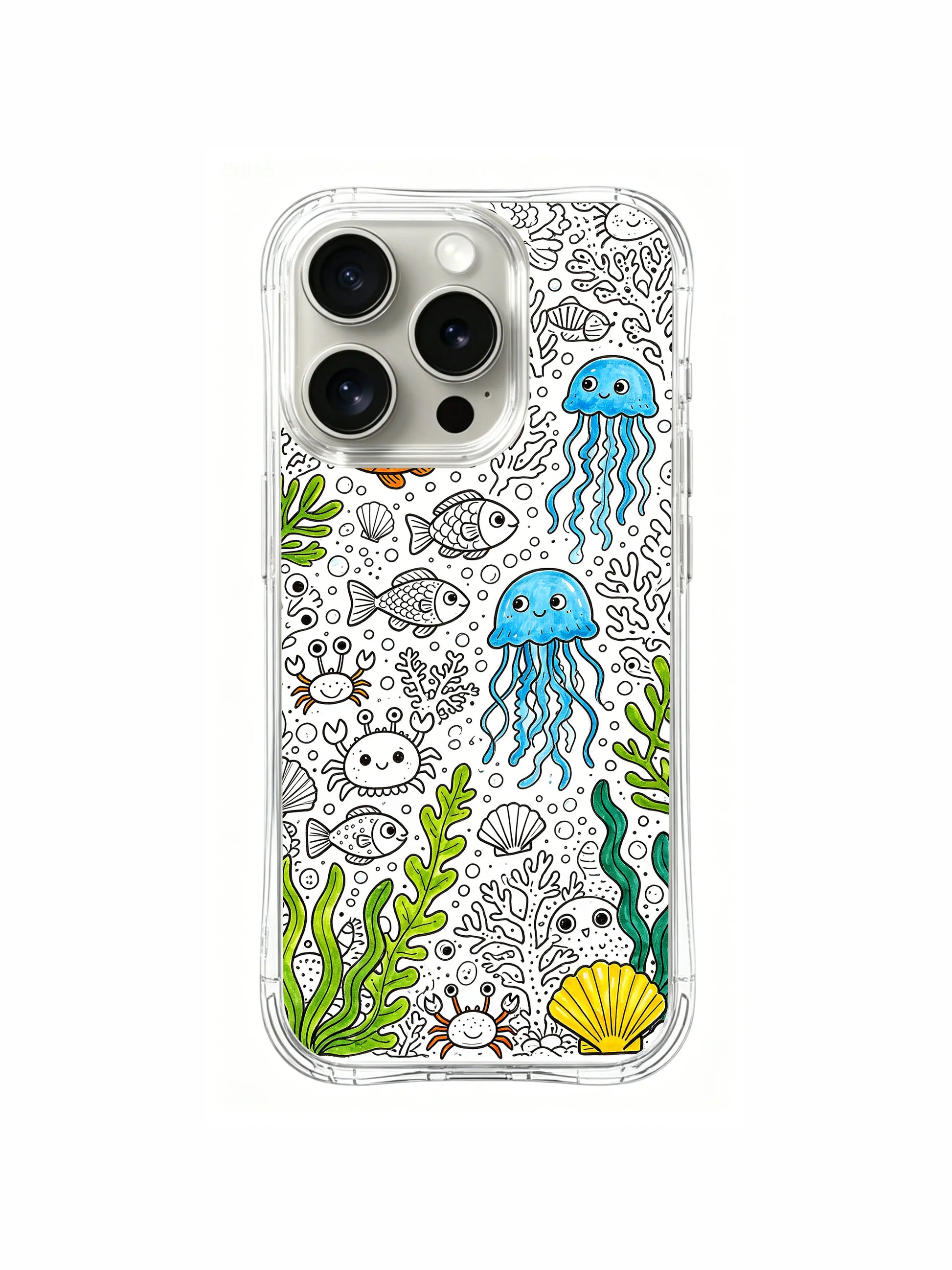 Soft pop accent color underwater doodle iPhone 15 pro Case, limited-run fine art phone casing, kid-friendly aesthetic phone cover sold via PhoneCasing.