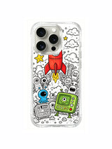 Soft pop accent color rocket launch doodle iPhone 15 pro Case, limited-run fine art phone casing, space-themed phone cover available via PhoneCasing.