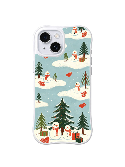 Powder blue iPhone 15 case with snowmen, fir trees and gifts on snowy islands, pattern one
