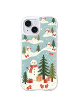 Snowman with red scarf beside tall green firs on powder blue iPhone 15 case, pattern two