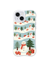 Snowmen and gifts arranged in rolling snow rows on iPhone 15 case, pattern three