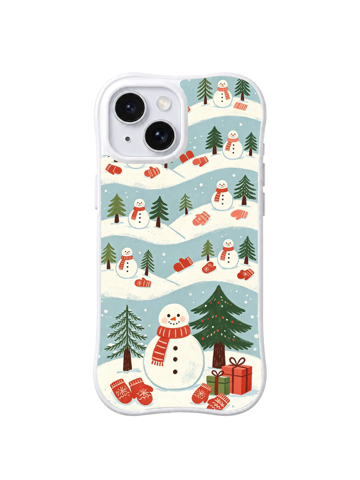 Snowmen and gifts arranged in rolling snow rows on iPhone 15 case, pattern three