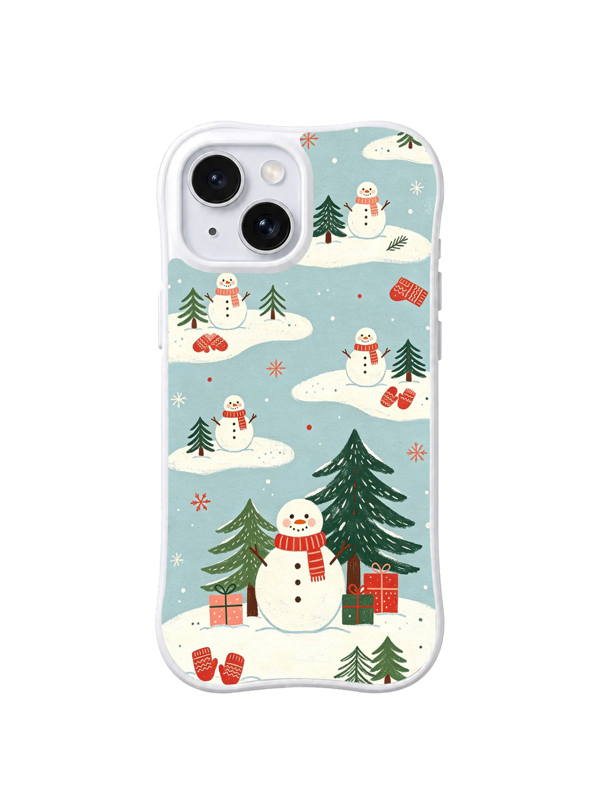 Large snowman, fir tree and wrapped gifts on pale blue iPhone 15 case, pattern four