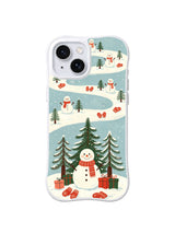 Winter snow friend standing among layered fir trees on iPhone 15 case, pattern five