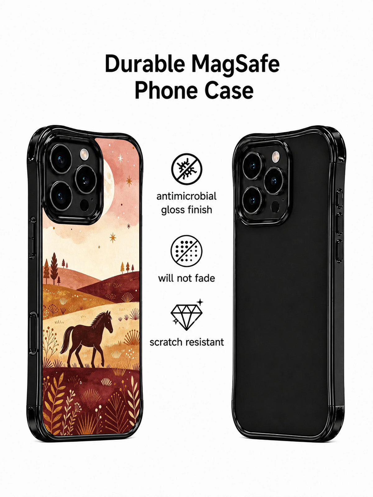 Prairie Moon Pony: Illustrated case and a second rear phone view in a promotional layout.