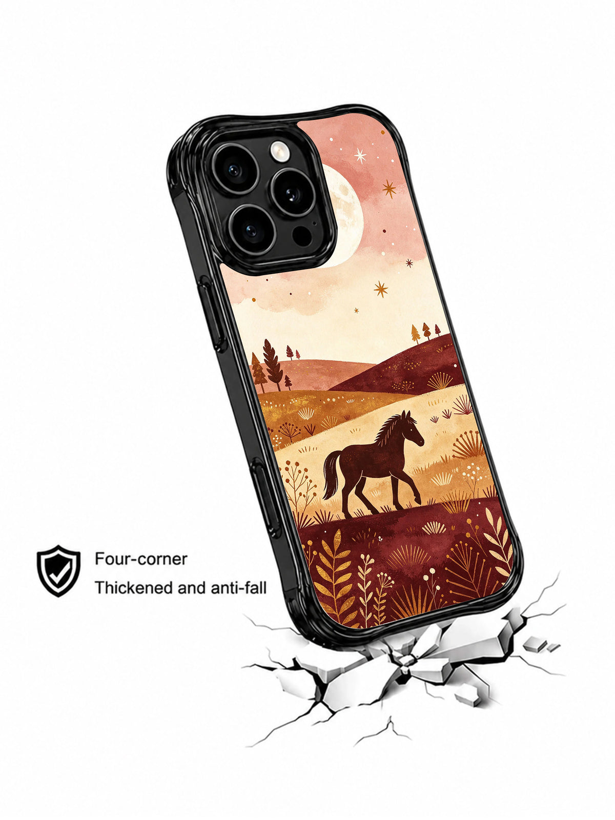 Prairie Moon Pony: Angled case above a cracked-surface graphic.